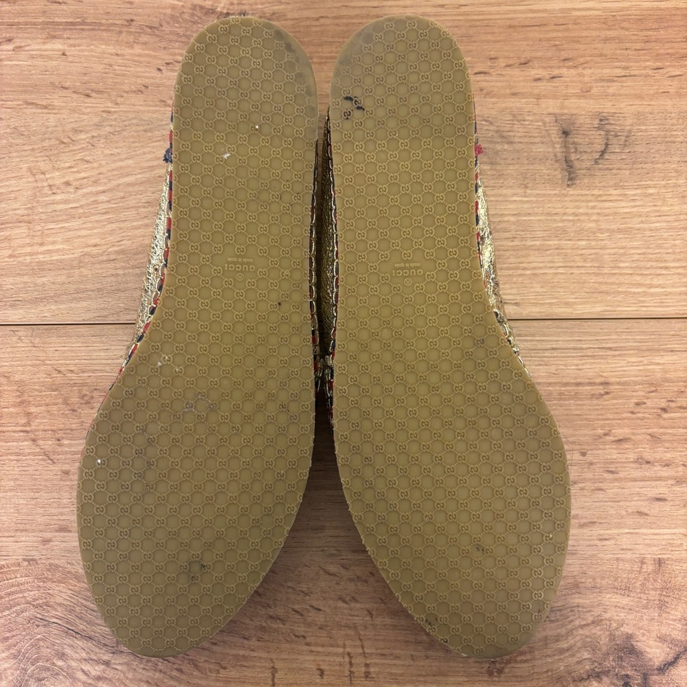GUCCI Crinkled Leather Web Pilar Bee Espadrille Flat Gold Women Size 40 Slip On - Picture 11 of 14